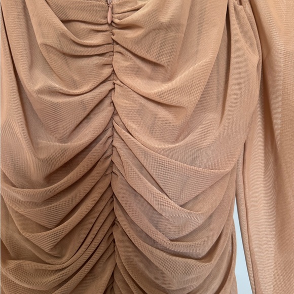 Elegant Tan Dress with Sheer Sleeves - Picture 3 of 5